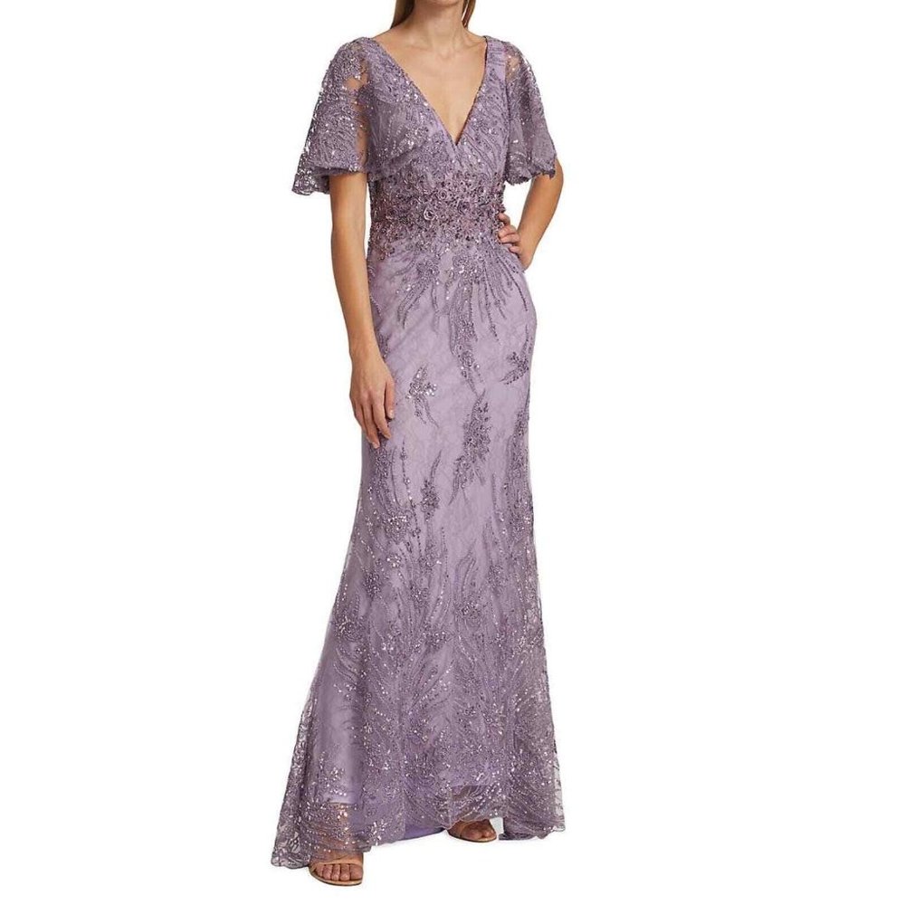 NWT MAC DUGGAL FLUTTER SLEEVE EMBELLISHED VINTAGE FORMAL LONG GOWN LILAC PURPLE - Picture 2 of 7